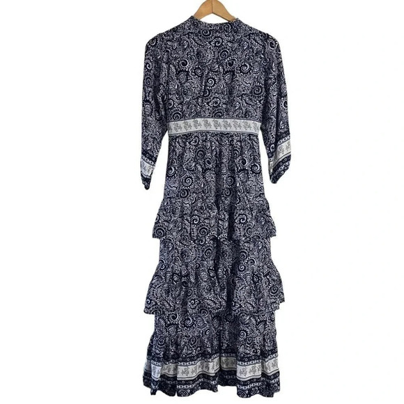 Aqua NEW Midi Dress Size XS Tiered Ruffle Cottagecore V Neck Paisley Floral Blue - Picture 2 of 7